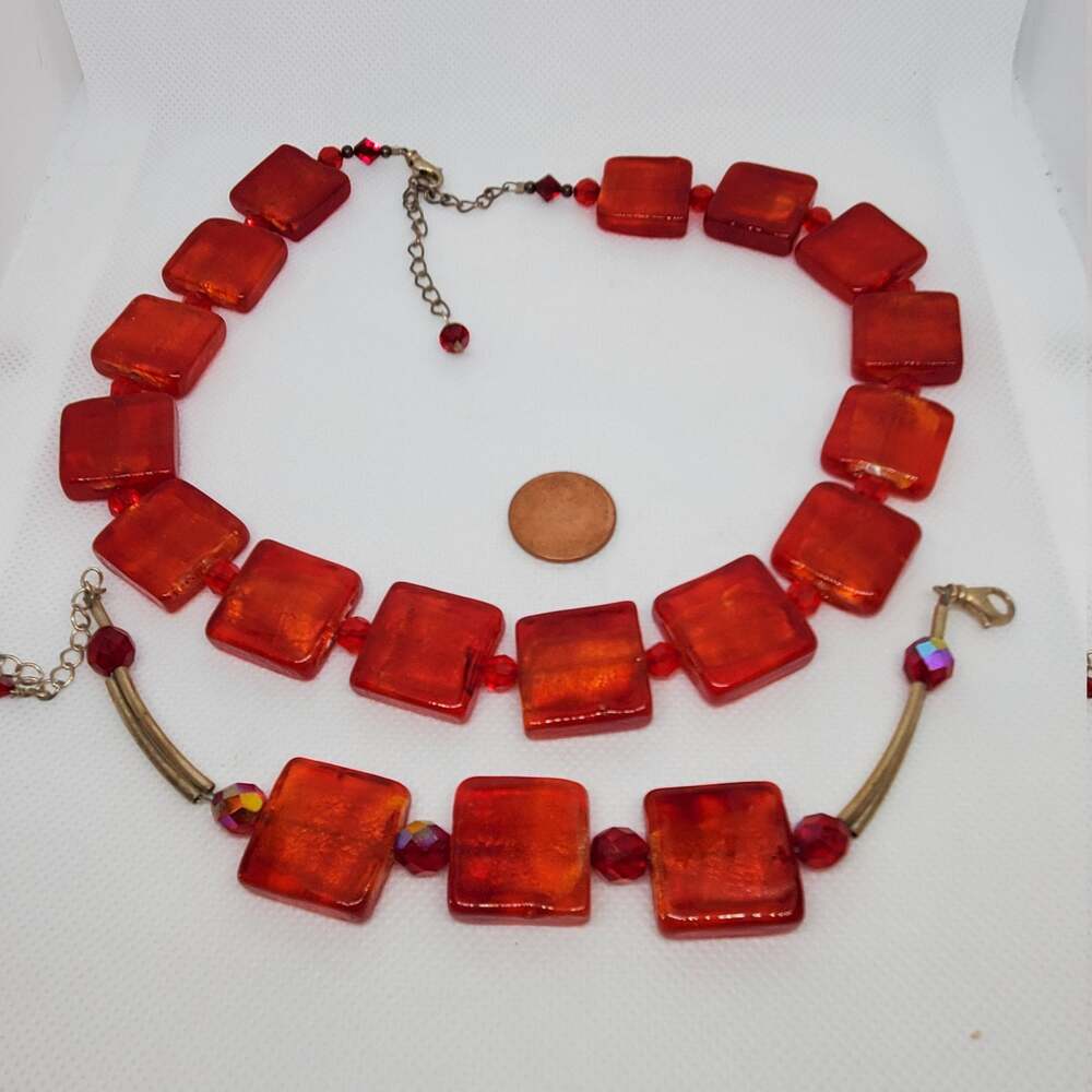 Red Dischroic Glass and gold Necklace and Bracelet Set